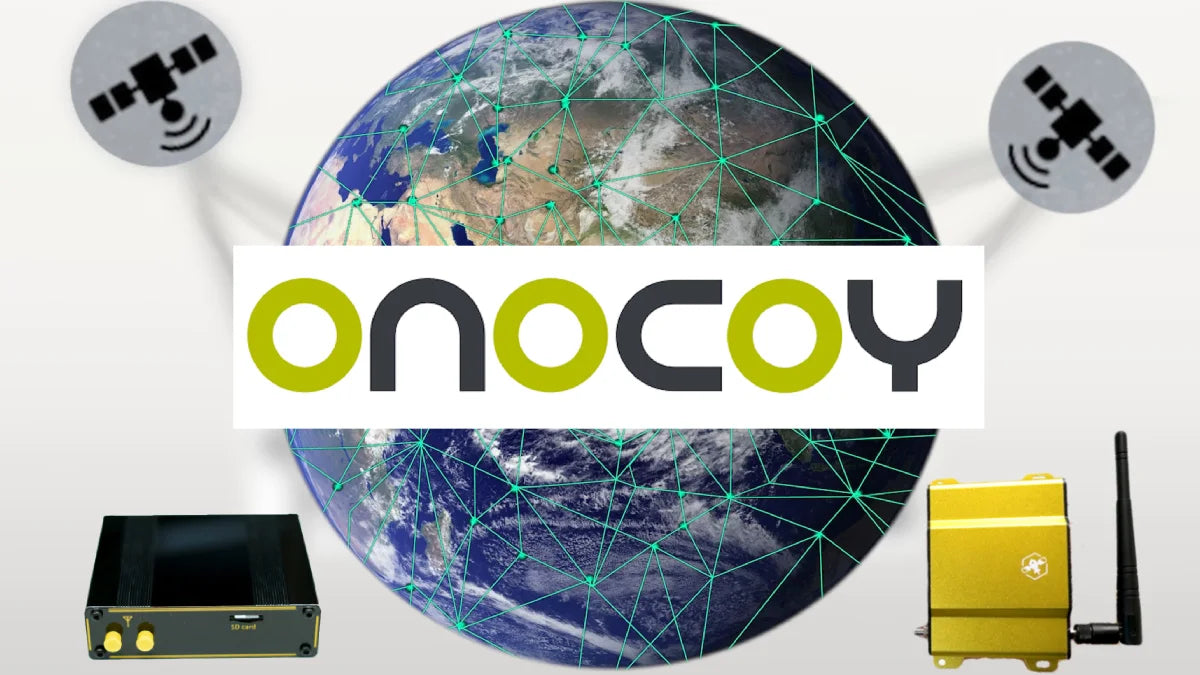 Onocoy network with a globe and onocoy miner devices on a white background