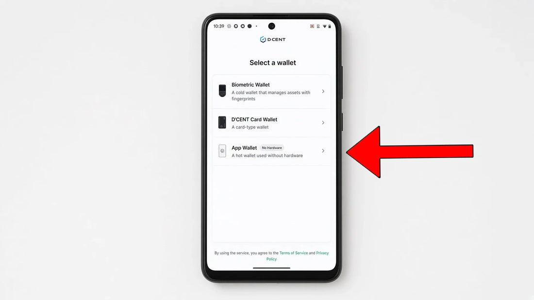 DCENT app setup screen showing the choice between hardware wallet mode and App Wallet hot wallet mode.