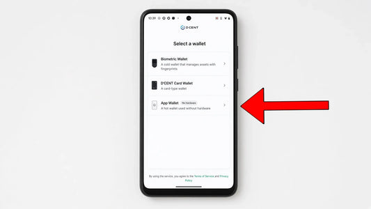 DCENT app setup screen showing the choice between hardware wallet mode and App Wallet hot wallet mode.