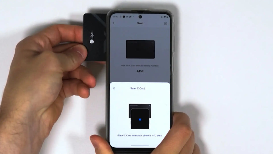 Tapping the Ellipal X Card on the back of a phone to sign and send a crypto transaction.