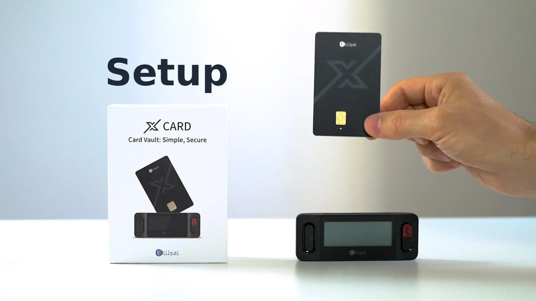 Ellipal X Card held next to its retail box. The card is for daily use. The Starter is for setup and recovery only.