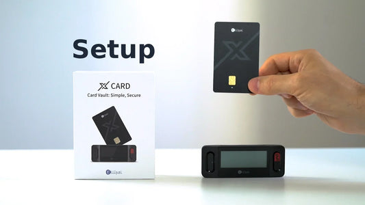 Ellipal X Card held next to its retail box. The card is for daily use. The Starter is for setup and recovery only.