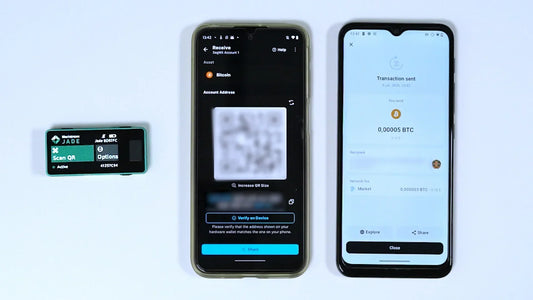 Jade Plus bitcoin send flow - phone builds transaction, device signs offline, phone broadcasts