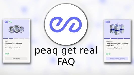 peaq get real FAQ text, the peaq token and two peaq get real quests showing