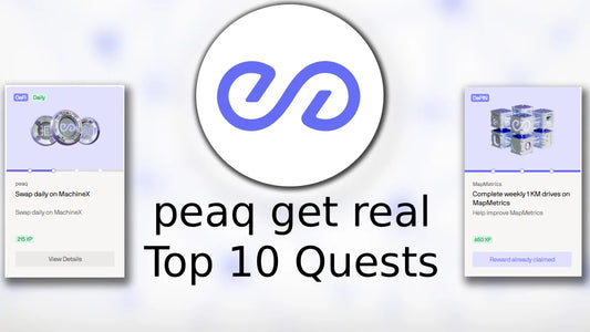 peaq get real top 10 quests text and two visable quests and a peaq token