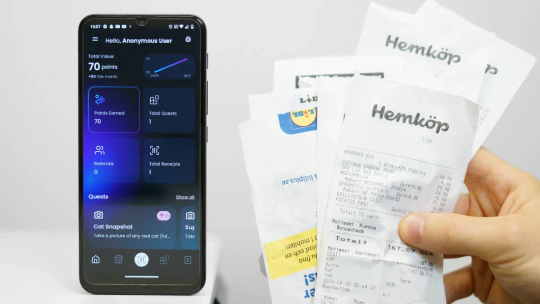 a smartphone showing the Scannit app dashboard and a hand holding receipts