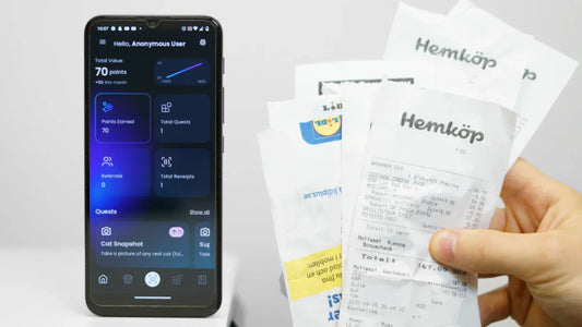a smartphone showing the Scannit app dashboard and a hand holding receipts
