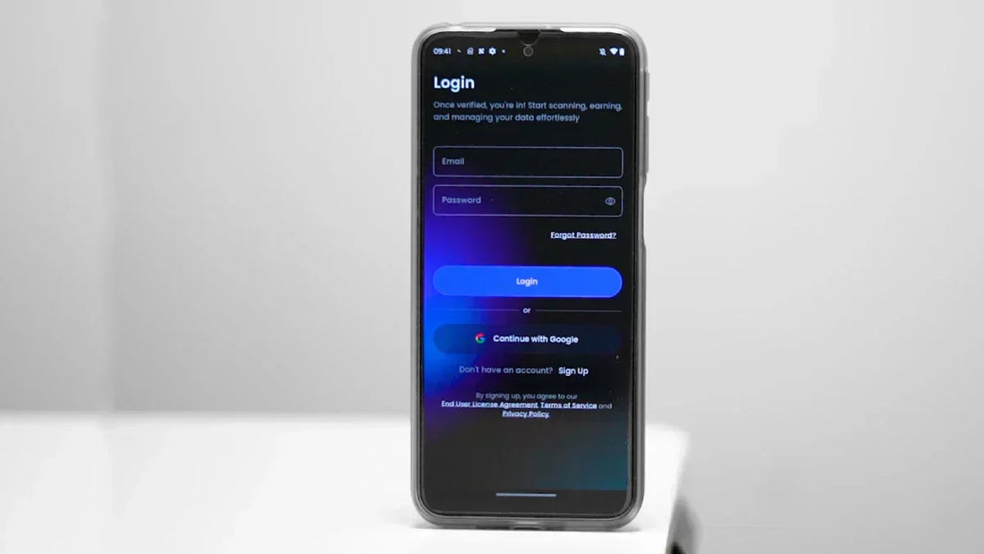 Smartphone showing the Scannit app login screen